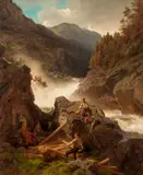 Hans Gude, Foss med tømmerfløtere, 1858, Olje på lerret