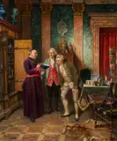 Vincent Stoltenberg Lerche, En munk og to menn i interiør, 1885, Olje på lerret