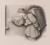 Theodor Kittelsen, Fugl Dam, Banker på døren, Blyant, penn og lavering på papir