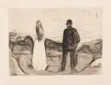 Edvard Munch, To mennesker. De ensomme, Radering trykket i svart på middels tynt gulhvitt papir