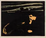 Edvard Munch, Melankoli III *, Fargetresnitt trykket i svart, grågrønt og orange på tynt japanpapir