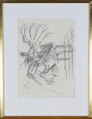 Bendik Riis, Hus i landskap, 1961, Pastell på papir