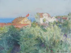 Hans Heyerdahl, Hus i kystlandskap, Olje på plate