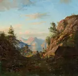 Amaldus Nielsen, Fjordlandskap med folkeliv, 1862, Olje på lerret