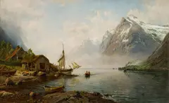 Anders Askevold, Fjordlandskap med folkeliv, 1893, Olje på lerret