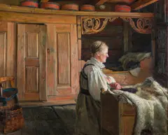 Gustav Wentzel, Interiør med ammende kvinne, 1893, Olje på lerret
