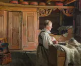 Gustav Wentzel, Interiør med ammende kvinne, 1893, Olje på lerret