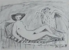 Kai Fjell, Kvinne og ørn, 1979, Blyant på papir