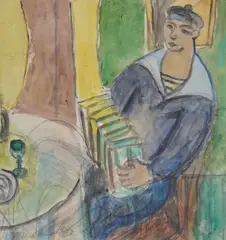 Johannes Rian, Trekkspiller, 1947, Blyant og akvarell på papir