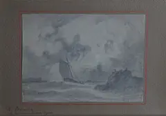 Knud Baade, Seilbåt i måneskinn Verso: Fiskere/Grantre, Blyant og lavering/Blyant på papir