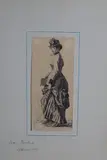 Jacob Bratland, Spaserende dame, München 1885/Ukjent kunstner: Tre putti, Penn/Penn og lavering på papir