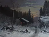 Jørgen Sørensen, Vinterlandskap med folkeliv, 1880, Olje på lerret