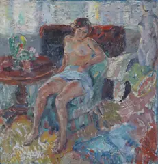 Søren Onsager, Atelierinteriør med modell, 1936, Olje på lerret