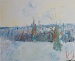 Alexander Schultz, Vinterlandskap, 1980, Olje på lerret