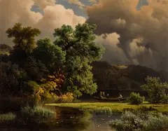 Joachim Frich, Landskap med mennesker i robåt, 1856, Olje på lerret