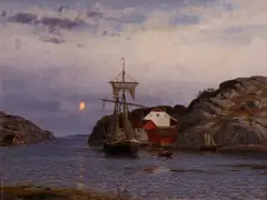 Aften i Gamle-Hellesund by Amaldus Nielsen, 1912, Olje på lerret, sold Nov 2021