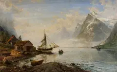Anders Askevold, Fjordlandskap med folkeliv, fra Sunnmøre, 1894, Olje på lerret