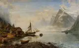 Anders Askevold, Fjordlandskap med folkeliv, fra Sunnmøre, 1894, Olje på lerret