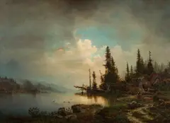 Morten Müller, Skogslandskap med gående kone, 1889, Olje på lerret