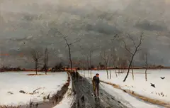 Ludvig Munthe, Vinterlandskap med folkeliv, aftenstemning, 1873, Olje på lerret