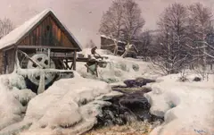 Frederik Collett, Vinter, gammel mølle, fra Mesna, Olje på lerret