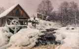 Frederik Collett, Vinter, gammel mølle, fra Mesna, Olje på lerret