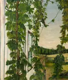 Christian Krohg, Utsikt fra et vindu med grener av en humleplante utenfor