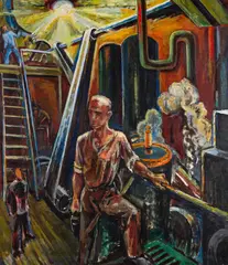 Maskinrom by Reidar Aulie, 1930, Olje på lerret, sold Nov 2021