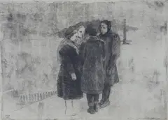 Fire pratende jenter by Erik Werenskiold, 1909, Radering, lysmål, sold Jun 2021