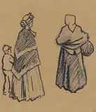 Theodor Kittelsen, To kvinner og et barn, Blyant og tusj på papir