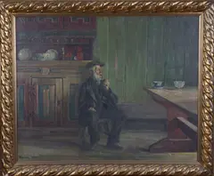 Gustav Wentzel, Sittende mann i bondeinteriør, Olje på lerret