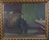 Gustav Wentzel, Sittende mann i bondeinteriør, Olje på lerret