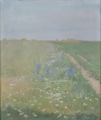 Georg Achen, Blomstereng med høying i bakgrunnen, 1887, Olje på lerret