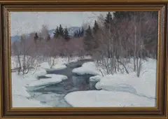 Andreas Singdahlsen, Elvelandskap, vinter, 1897, Olje på lerret