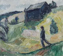 Henrik Sørensen, Mann ved løe, 1912, Olje på lerret