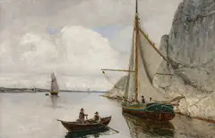 Nikolai Ulfsten, Kystlandskap med fiskere, 1885, Olje på lerret