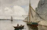 Nikolai Ulfsten, Kystlandskap med fiskere, 1885, Olje på lerret
