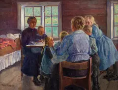 Marie Hauge, Mødre med barn i interiør, Olje på lerret
