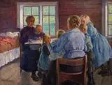 Marie Hauge, Mødre med barn i interiør, Olje på lerret