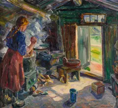 Lars Jorde, Interiør med pike ved vaskestamp, 1921, Olje på lerret