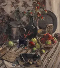 Stilleben, Jølster by Bernt Tunold, Olje på plate, sold May 2021