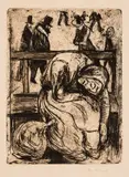 Edvard Munch, Gammel kvinne på benk, Radering trykket i svart på middels tykt gulhvitt papir
