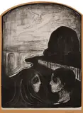 Edvard Munch, Tiltrekning I, Litografi trykket i svart på tynt hvitt papir, oppklebet av kunstneren på middels tykt beige papir