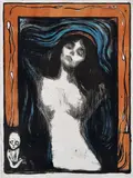 Edvard Munch, Madonna, Fargelitografi trykket i tre farger, svart, rødt og blått på tynt Kinapapir