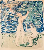 Edvard Munch, Nøytralien, Fargelitografi trykket i fem farger, mørkeblå, to grønnfarger, rosa og olivengrønn på tynt gulhvitt papir