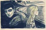 Edvard Munch, Løsrivelse II, Fargelitografi trykket i blått på middels tynt gulhvitt papir med håndkolorering i gult