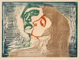 Edvard Munch, Hode ved hode, Fargetresnitt trykket i fire farger, svart, blågrønt, rødt og rødbrunt på middels tykt gulhvitt papir