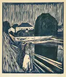 Edvard Munch, Pikene på broen, Fargetresnitt trykket i blått og sinkografi trykket i grønt, gult og rødt på middels tynt gulhvitt papir