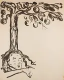 Edvard Munch, Plakat: Stoffveksling, Litografi trykket i svart på tynt gråhvitt papir