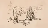 Edvard Munch, Karikatur: Pengesekken og den fattige maler, Litografi trykket i svart på middels tynt gulhvitt riflet papir